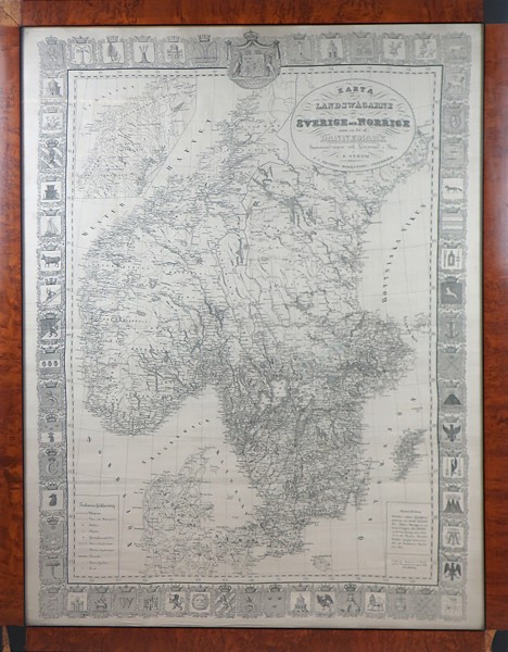KARTA "ÖFVER LANDSWÄGARNE UTI SVERIGE OCH NORRIGE SAMT EN DEL AV DANNEMARK" 1846 C.F STRÖM